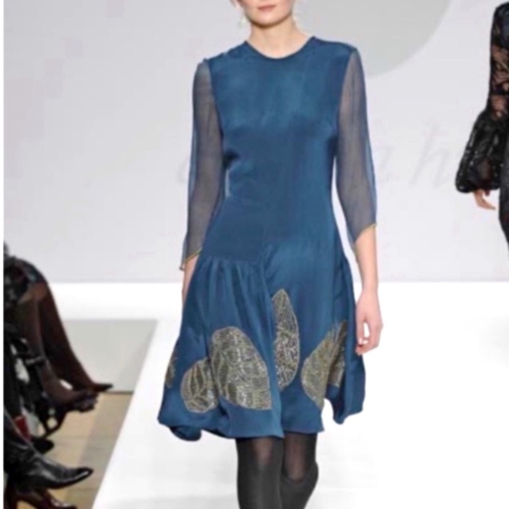 Elegant Blue Midi Dress with Gold Accents